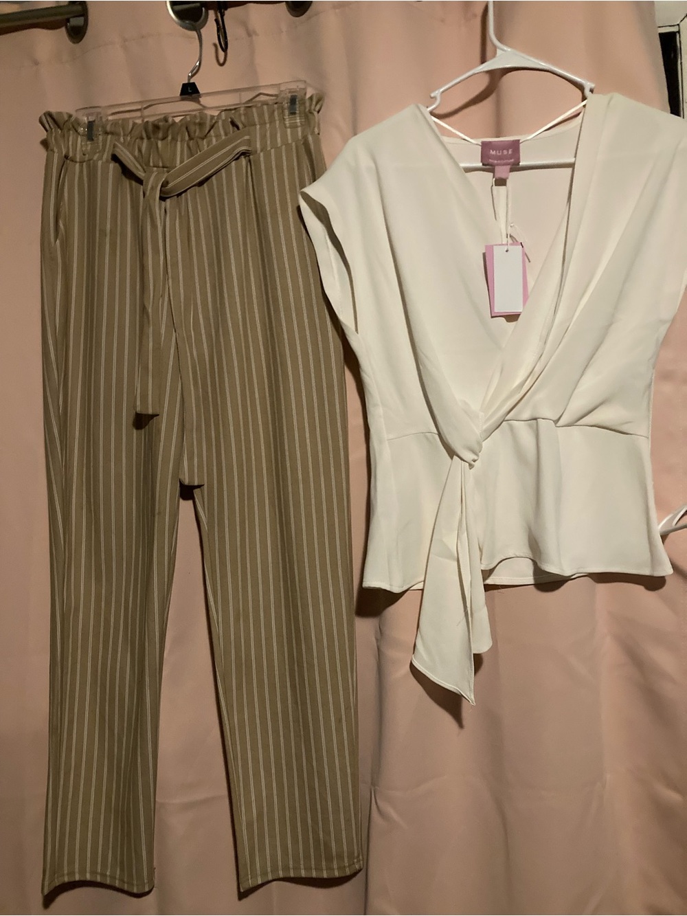 Muse Cream Wrap Blouse with Tan Pinstripe Straight-Leg Pants
